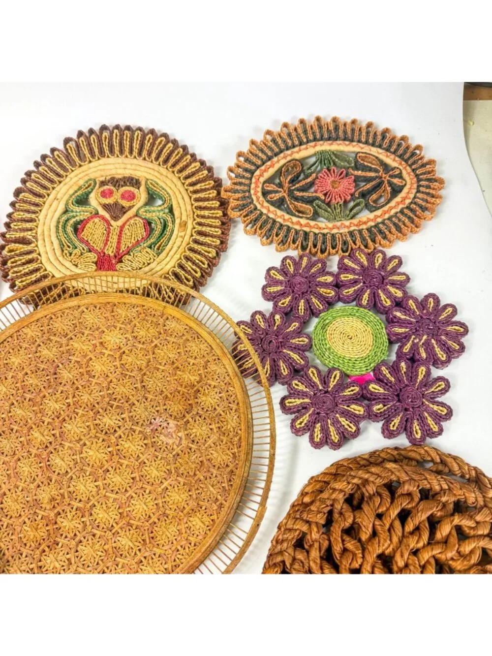 Vintage Woven Rattan Cisal Straw Boho Placemats And Decorative Trivets Set Of 10
